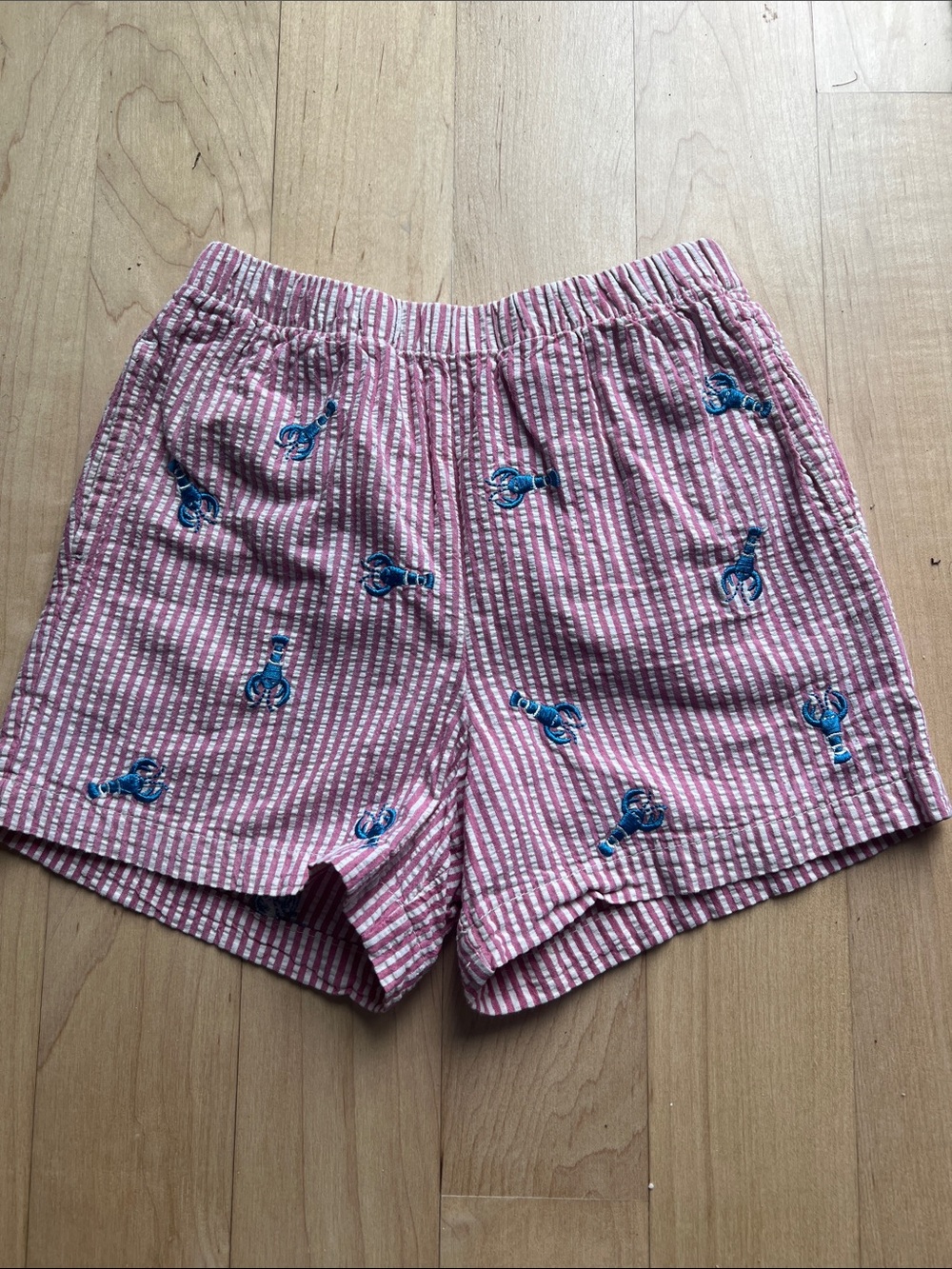 Boys Red Seersucker Bathing suit with blue embroidered lobsters